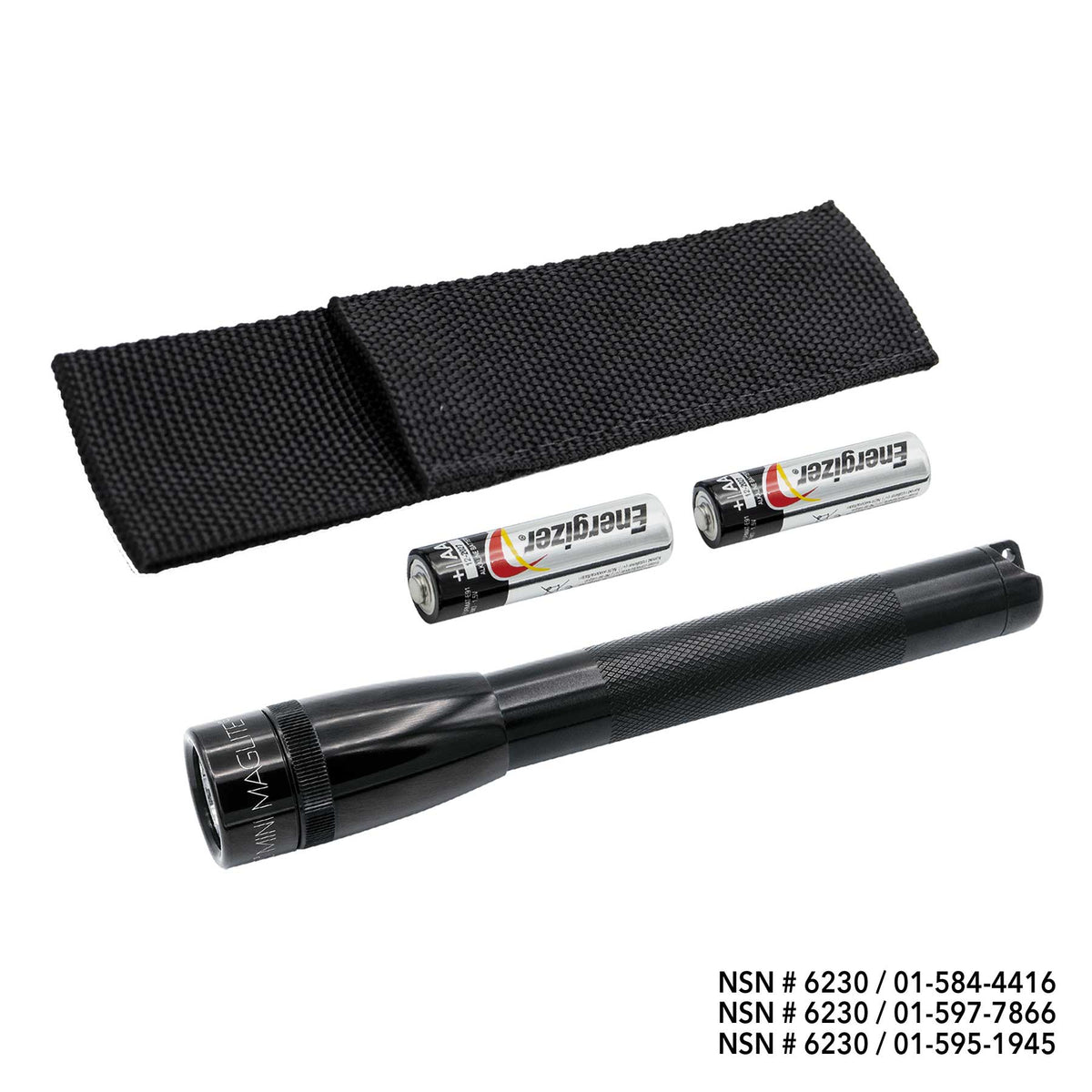 Mini Maglite LED flashlight with black holster and NSN numbers printed on the packaging