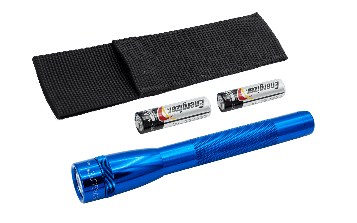 Black holster with two Energizer AA batteries and a blue Maglite Pro LED flashlight resting beside it