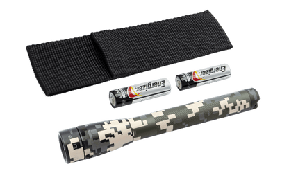 Black nylon Maglite holster with two AA batteries and a camo Mini Maglite flashlight.