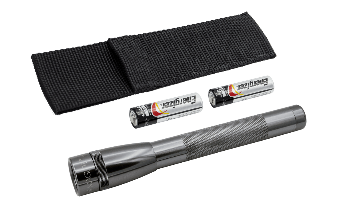 Black nylon flashlight holster with two Energizer AA batteries and a silver Maglite flashlight