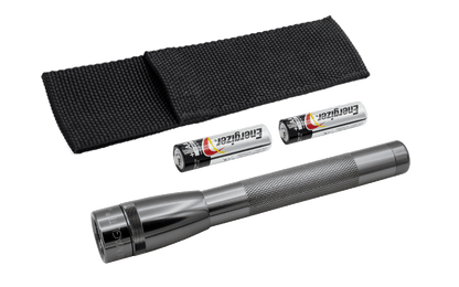 Black nylon flashlight holster with two Energizer AA batteries and a silver Maglite flashlight