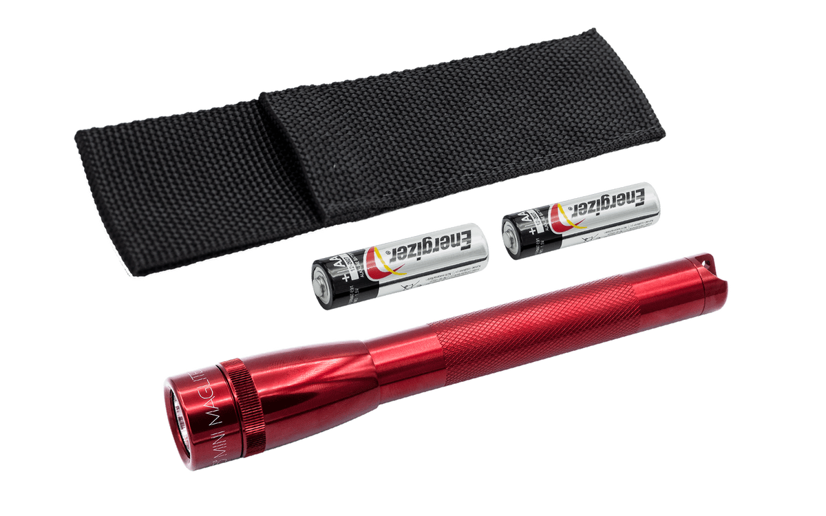 Black nylon Maglite holster with two AA batteries and a red Maglite flashlight.