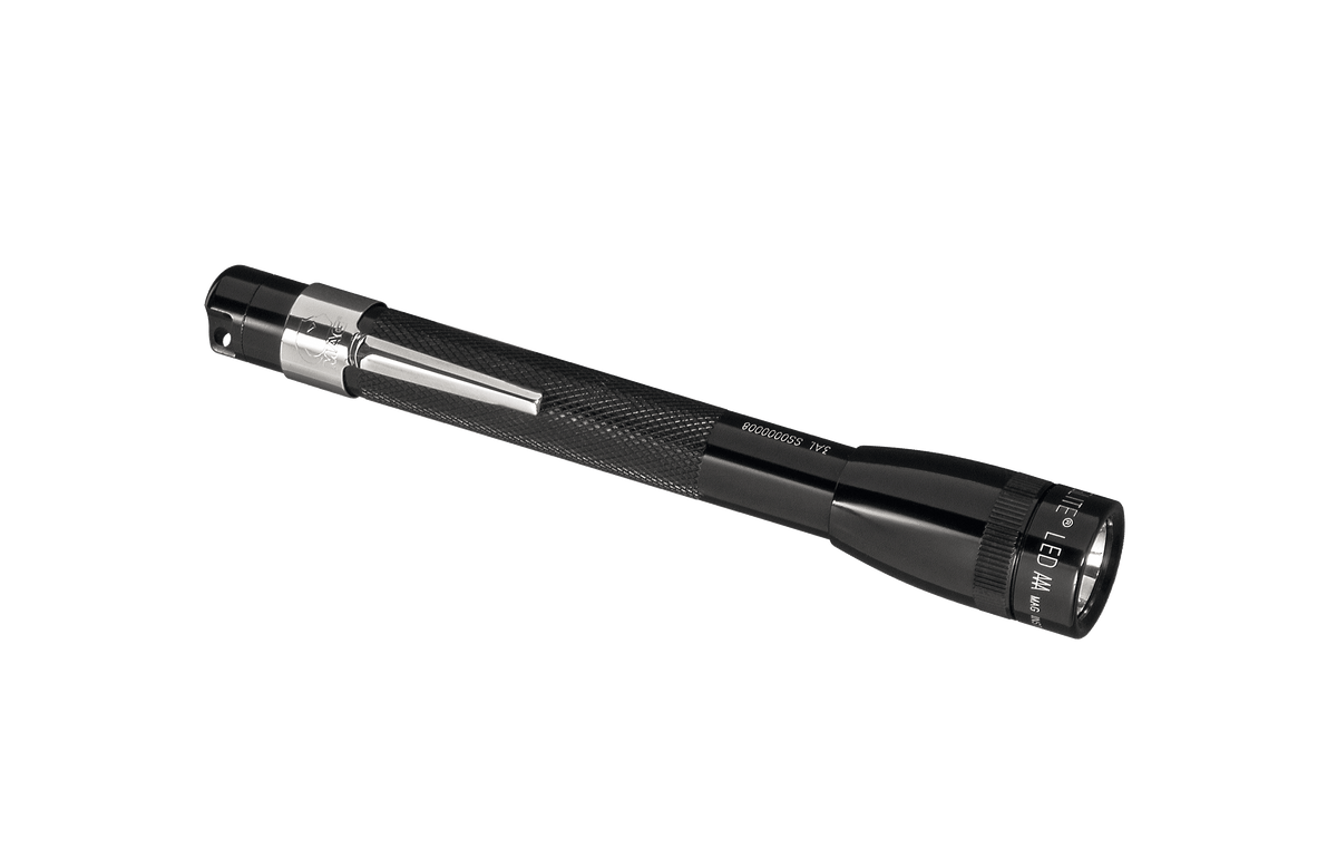 Mini Maglite LED 2AAA flashlight with knurled black grip and metal head shown at an angle