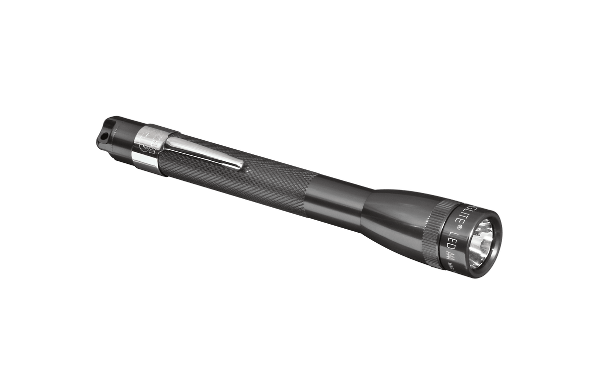 Mini Maglite LED 2AAA flashlight with knurled grip and chrome collar visible in diagonal view