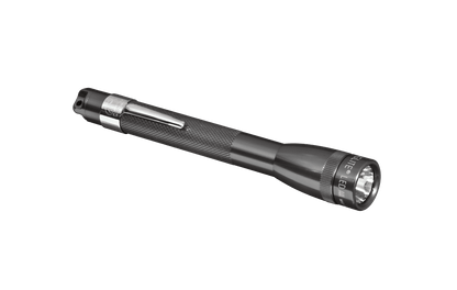 Mini Maglite LED 2AAA flashlight with knurled grip and chrome collar visible in diagonal view