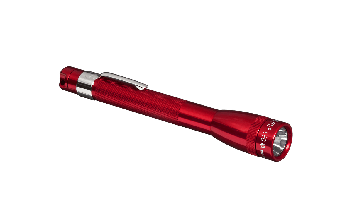 Red Maglite Mini LED flashlight with a metal clip, angled against a black background.
