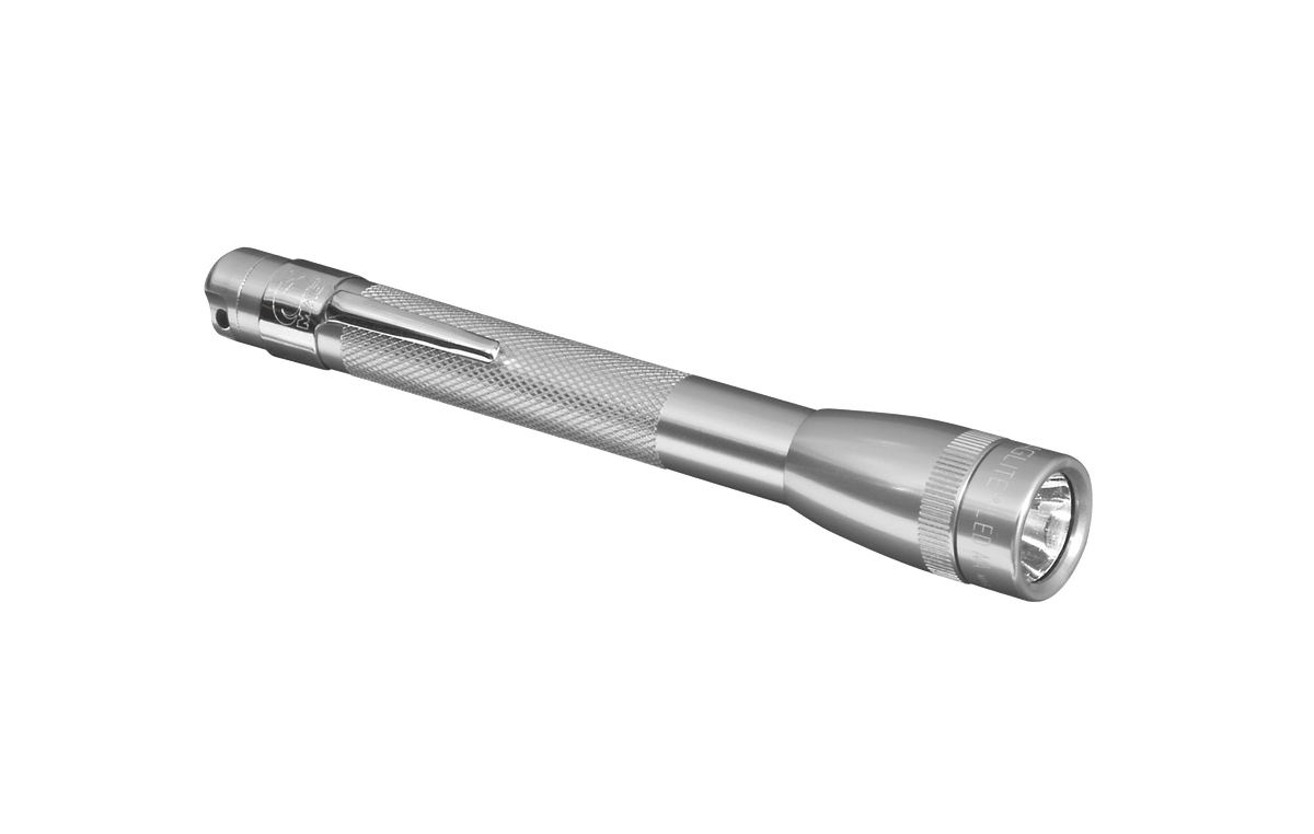 Mini Maglite LED 2AAA flashlight with knurled grip and pocket clip shown from a side angle
