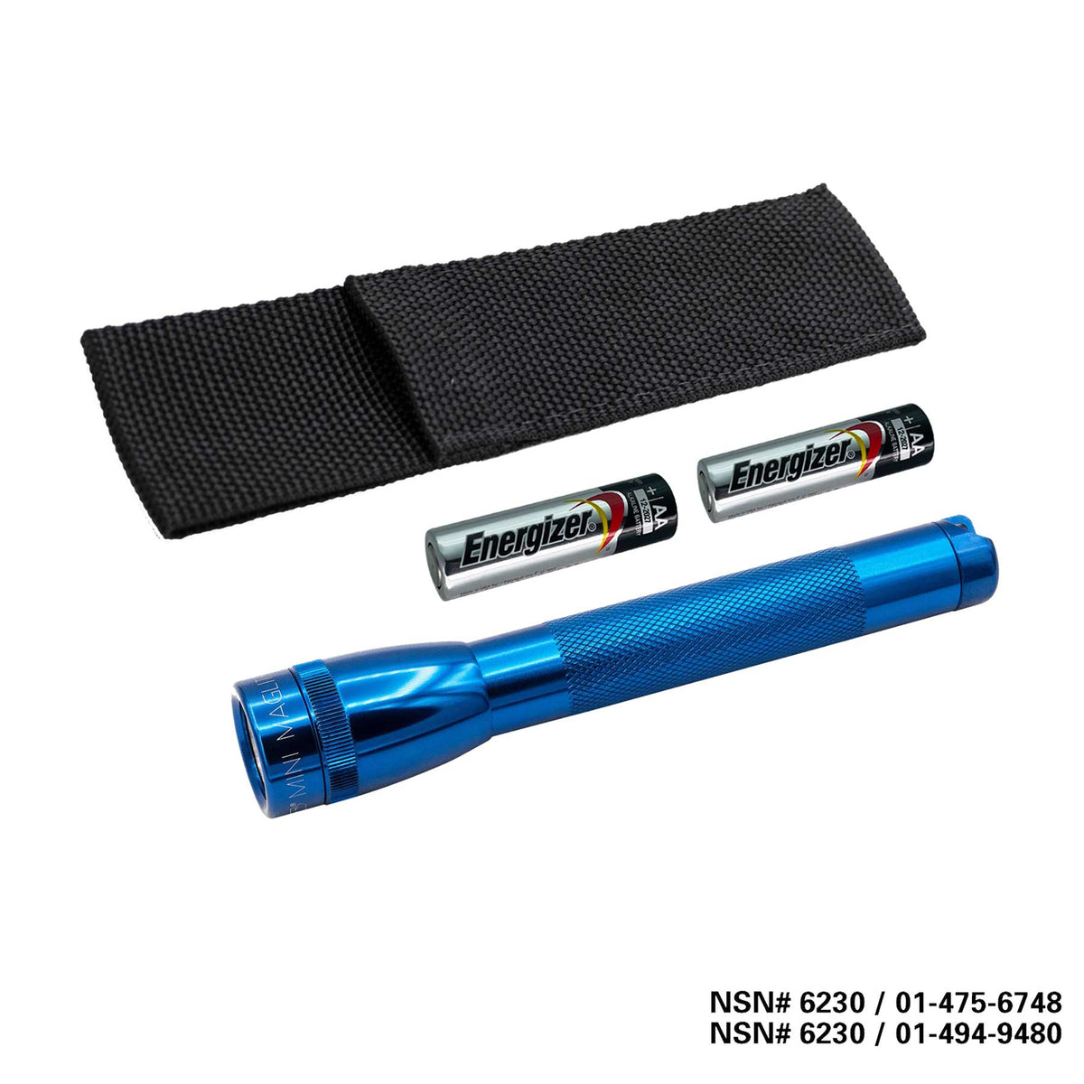 Black nylon holster strap with Energizer AA batteries and a blue Maglite Xenon flashlight visible