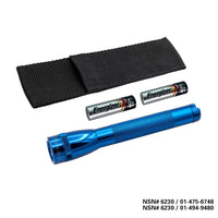 Black nylon holster for Mini Maglite Classic AA with Energizer AA batteries and a blue flashlight.