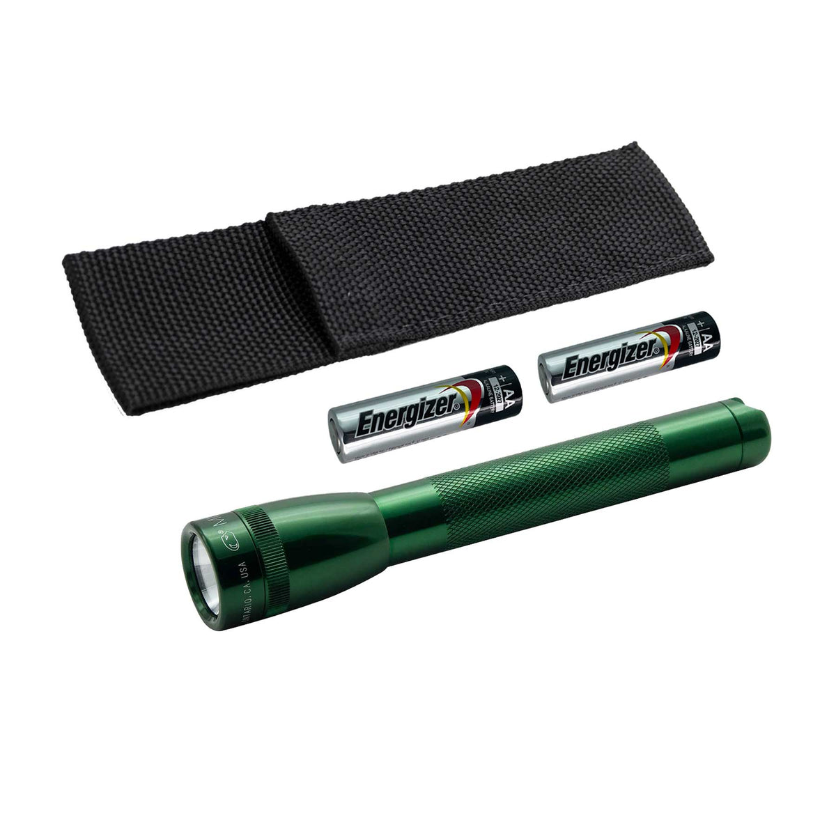 Black nylon holster for a Mini Maglite Xenon flashlight with Energizer AA batteries and a green flashlight body