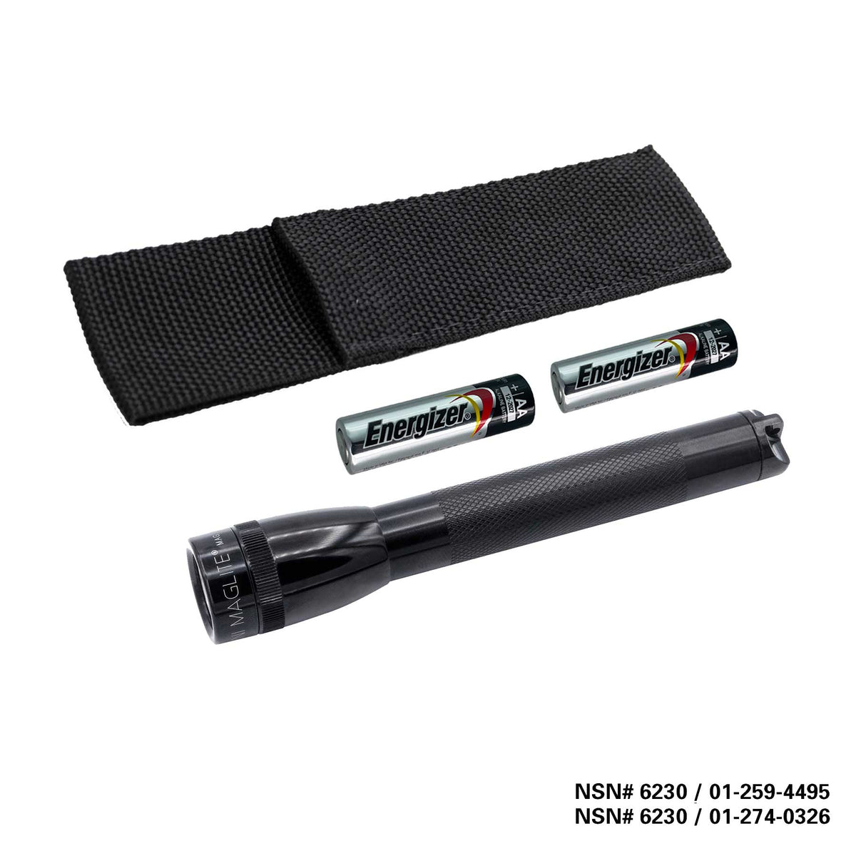Close up of black nylon flashlight holster with EnerGizer AA batteries nearby on white background