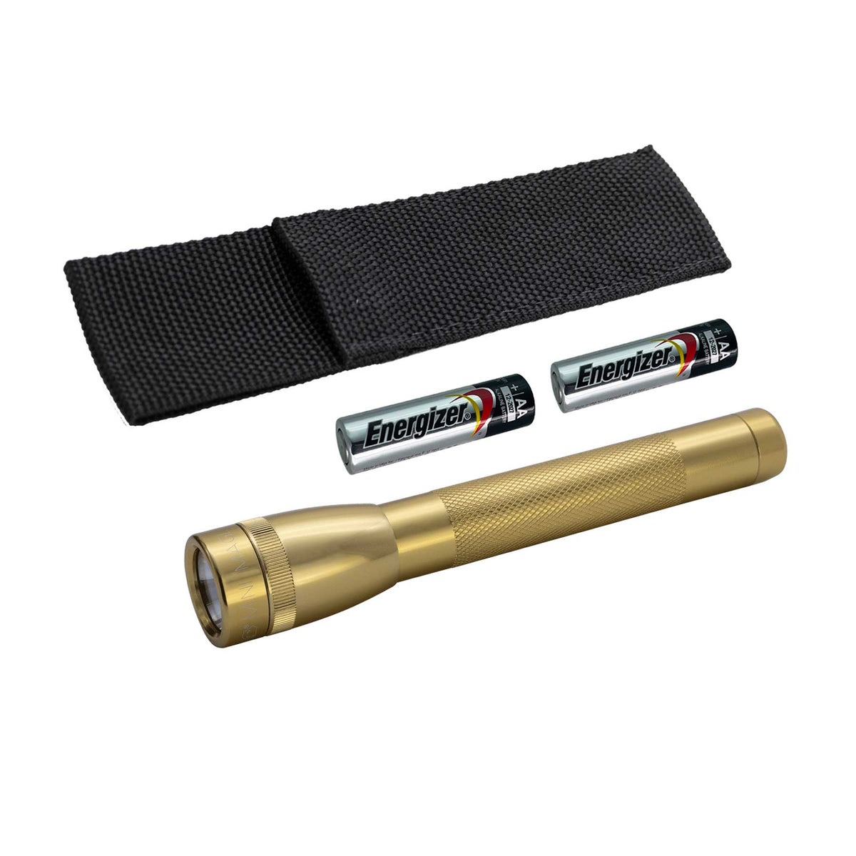 Black nylon flashlight holster with Energizer AA batteries and a gold Maglite flashlight