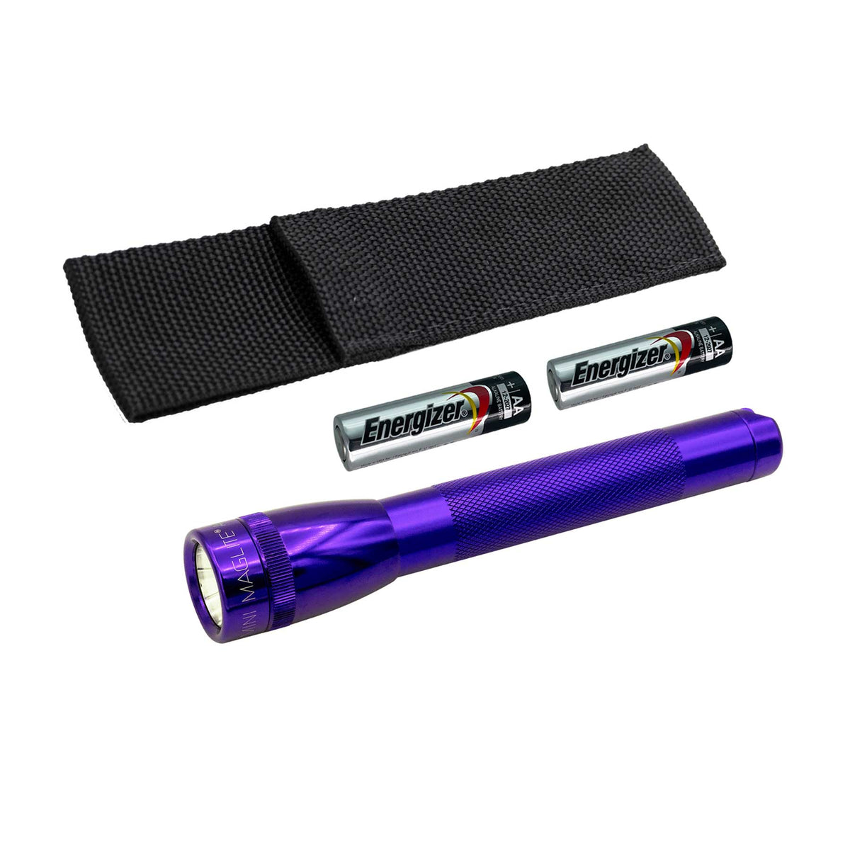 Black nylon flashlight holster with Energizer AA batteries and a purple Maglite flashlight