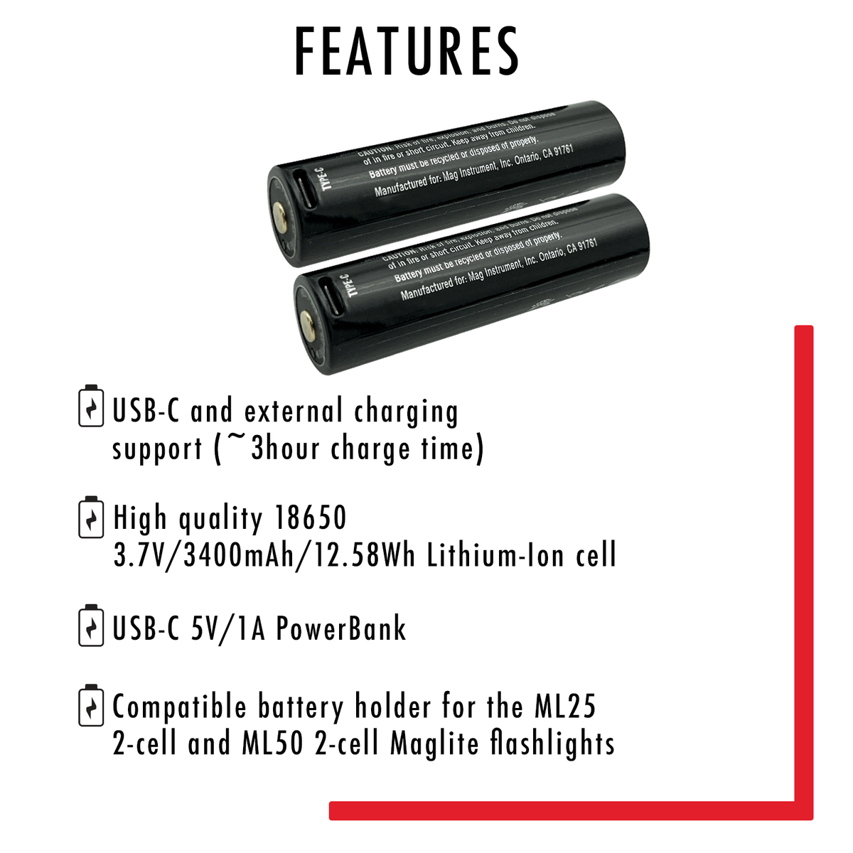 Two Maglite style flashlights showing USB-C charging and external charging support features
