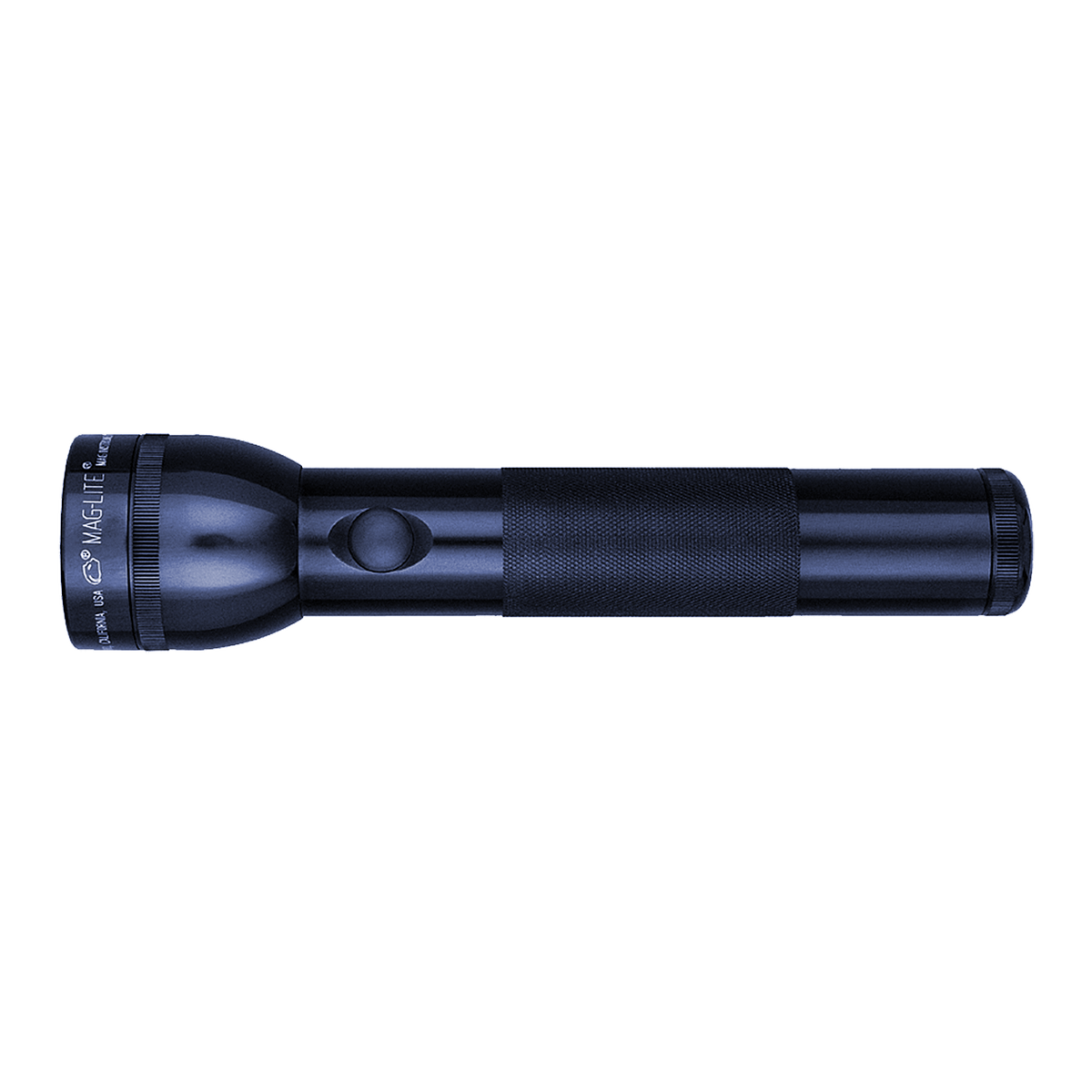 Dark blue Maglite 2-Cell D Xenon flashlight side view with textured grip