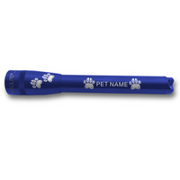 Blue Mini Maglite Pro LED flashlight engraved with paw prints and PET NAME.