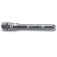 Gray Mini Maglite Pro LED Flashlight with paw print engravings and PET NAME with batteries and accessory parts