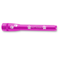 Mini Maglite Pro LED flashlight in pink with paw prints and PET NAME engraving