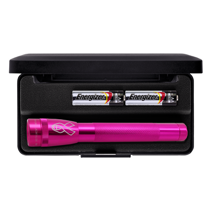 Mini Maglite Xenon flashlight in dark green with National Breast Cancer Foundation branding