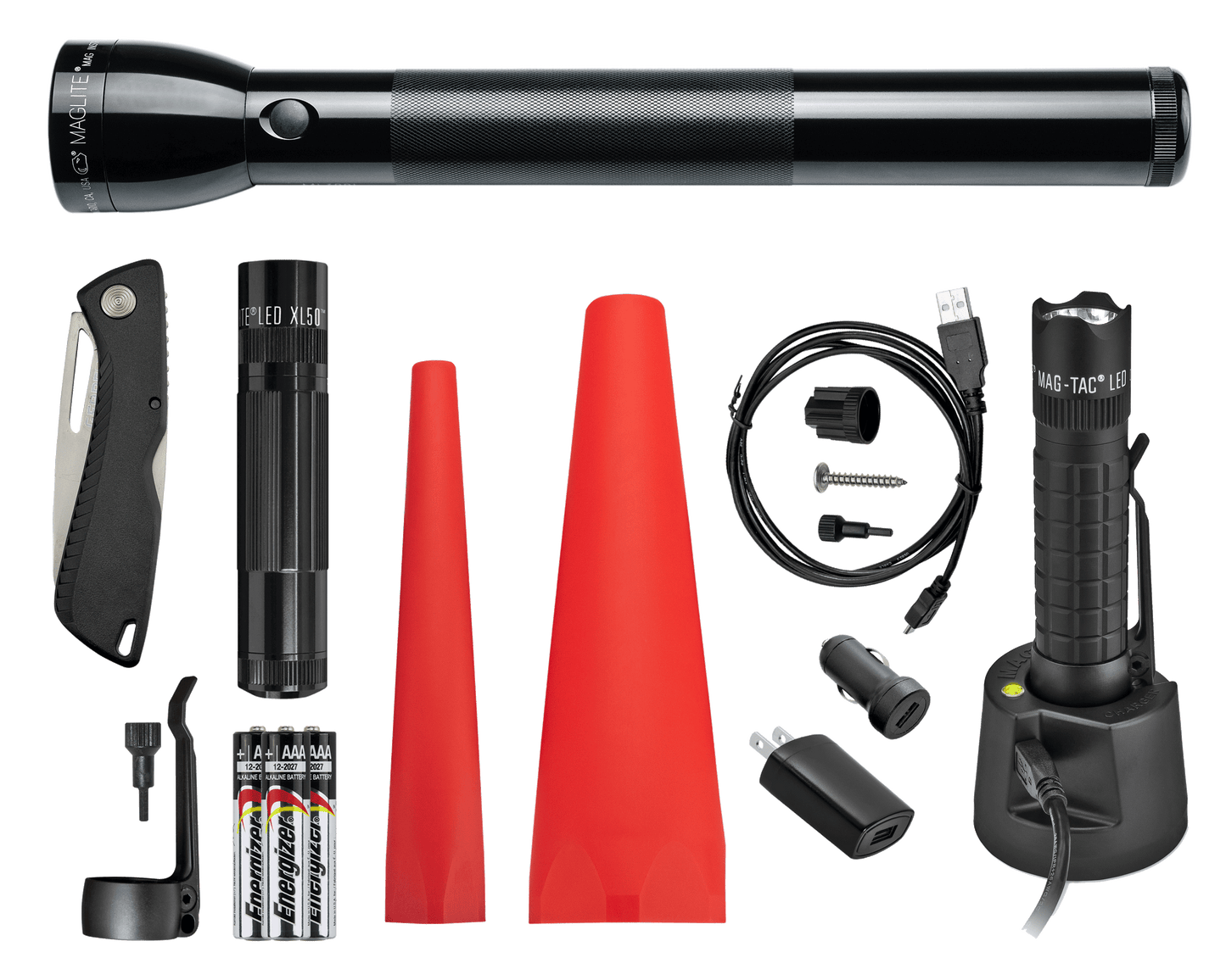 Maglite ML300L 4D LED, Maglite XL50 LED, Maglite MAG-TAC LED Rechargeable System, a red safety wand for the XL50 and the ML300L, three AAA premium alkaline batteries and a pocket clip for the XL50 Flashlight. Also includes a Gerber Sharkbelly.