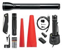 Maglite ML300L 4D LED, Maglite XL50 LED, Maglite MAG-TAC LED Rechargeable System, a red safety wand for the XL50 and the ML300L, three AAA premium alkaline batteries and a pocket clip for the XL50 Flashlight. Also includes a Gerber Sharkbelly.