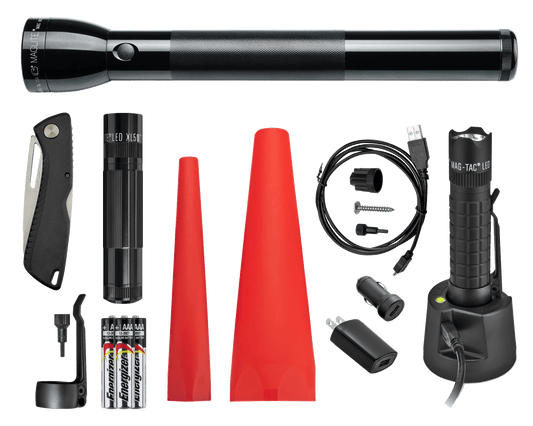 Maglite ML300L 4D LED, Maglite XL50 LED, Maglite MAG-TAC LED Rechargeable System, a red safety wand for the XL50 and the ML300L, three AAA premium alkaline batteries and a pocket clip for the XL50 Flashlight. Also includes a Gerber Sharkbelly.