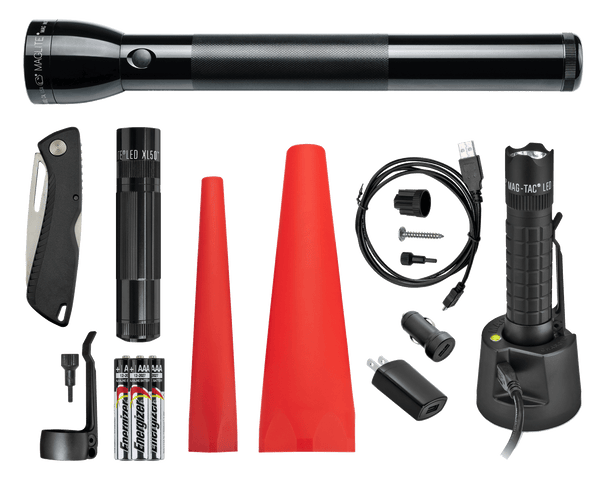Maglite ML300L 4D LED, Maglite XL50 LED, Maglite MAG-TAC LED Rechargeable System, a red safety wand for the XL50 and the ML300L, three AAA premium alkaline batteries and a pocket clip for the XL50 Flashlight. Also includes a Gerber Sharkbelly.