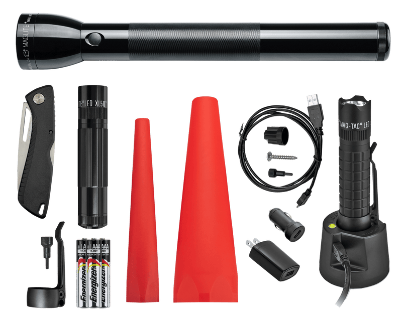Maglite ML300L 4D LED, Maglite XL50 LED, Maglite MAG-TAC LED Rechargeable System, a red safety wand for the XL50 and the ML300L, three AAA premium alkaline batteries and a pocket clip for the XL50 Flashlight. Also includes a Gerber Sharkbelly.
