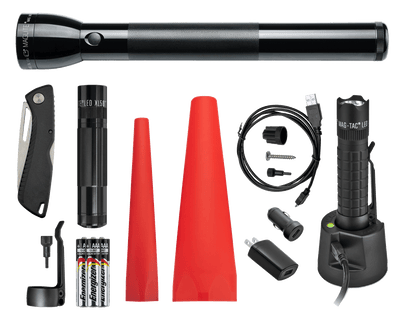 Maglite ML300L 4D LED, Maglite XL50 LED, Maglite MAG-TAC LED Rechargeable System, a red safety wand for the XL50 and the ML300L, three AAA premium alkaline batteries and a pocket clip for the XL50 Flashlight. Also includes a Gerber Sharkbelly.