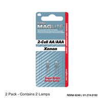 Mini Maglite replacement Xenon lamp packaging with two bulbs visible on blue card