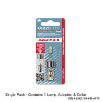 Maglite 4 Cell C and D replacement lamp packaging showing Xenon bulb and internal components