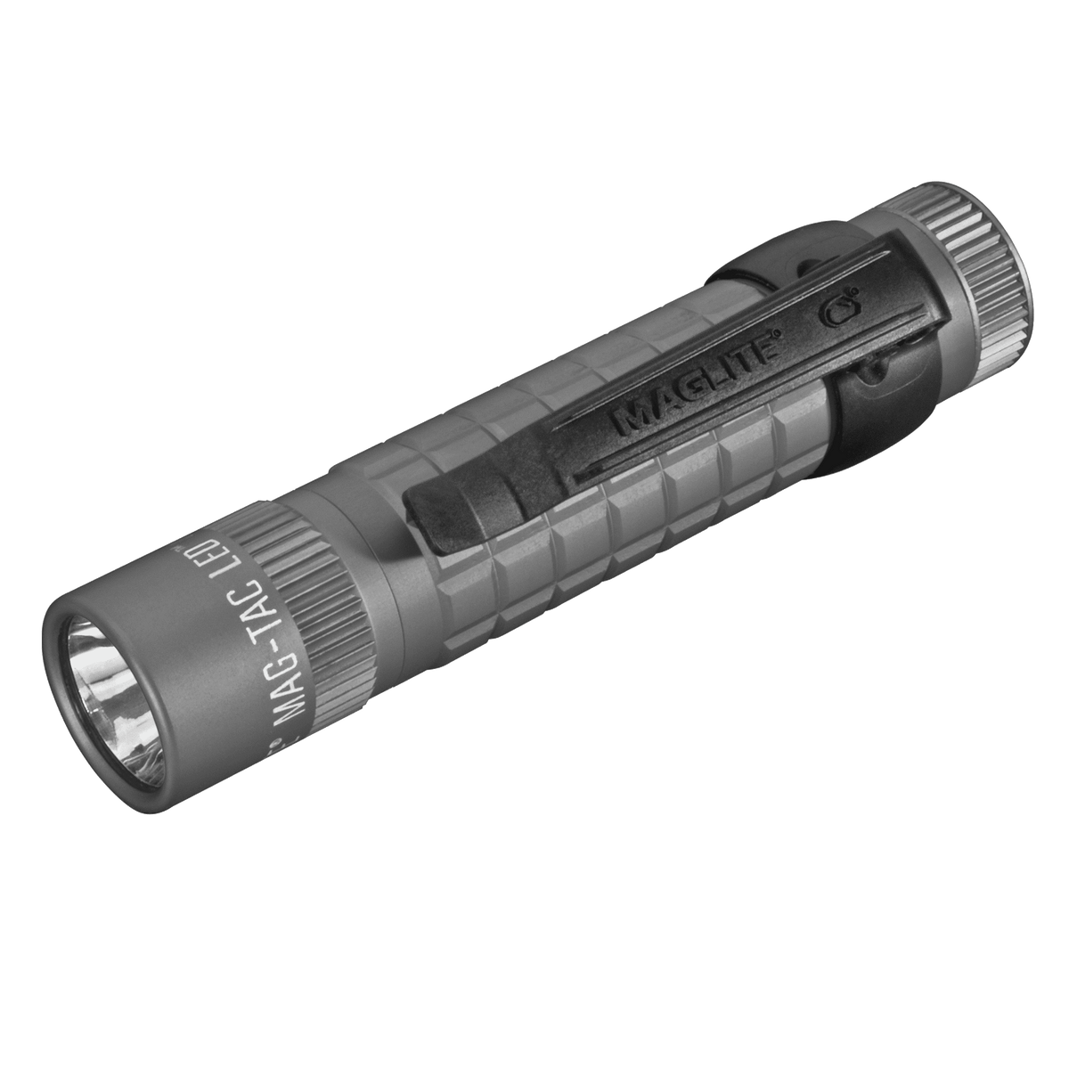 Gray Maglite MAG-TAC CR123 LED flashlight with plain bezel in angled close up