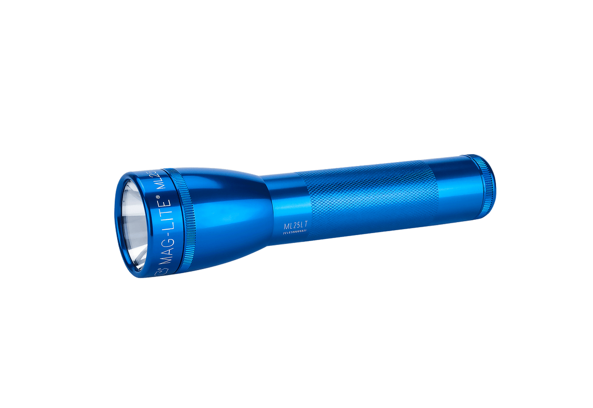 Blue Maglite ML25LT LED 2-Cell C flashlight shown at an angle with knurled grip.