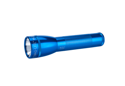 Blue Maglite ML25LT LED 2-Cell C flashlight shown at an angle with knurled grip.