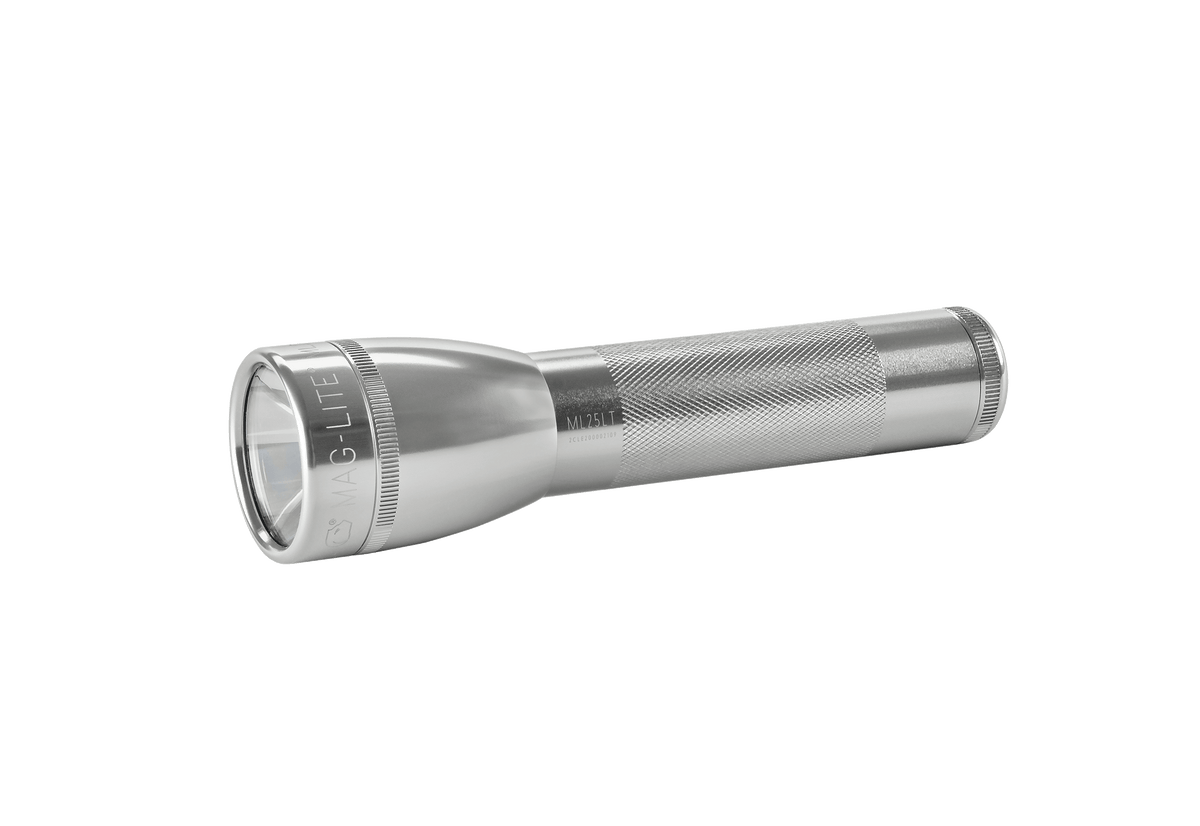 Silver ML25LT LED two-cell C flashlight with knurled body and large lens