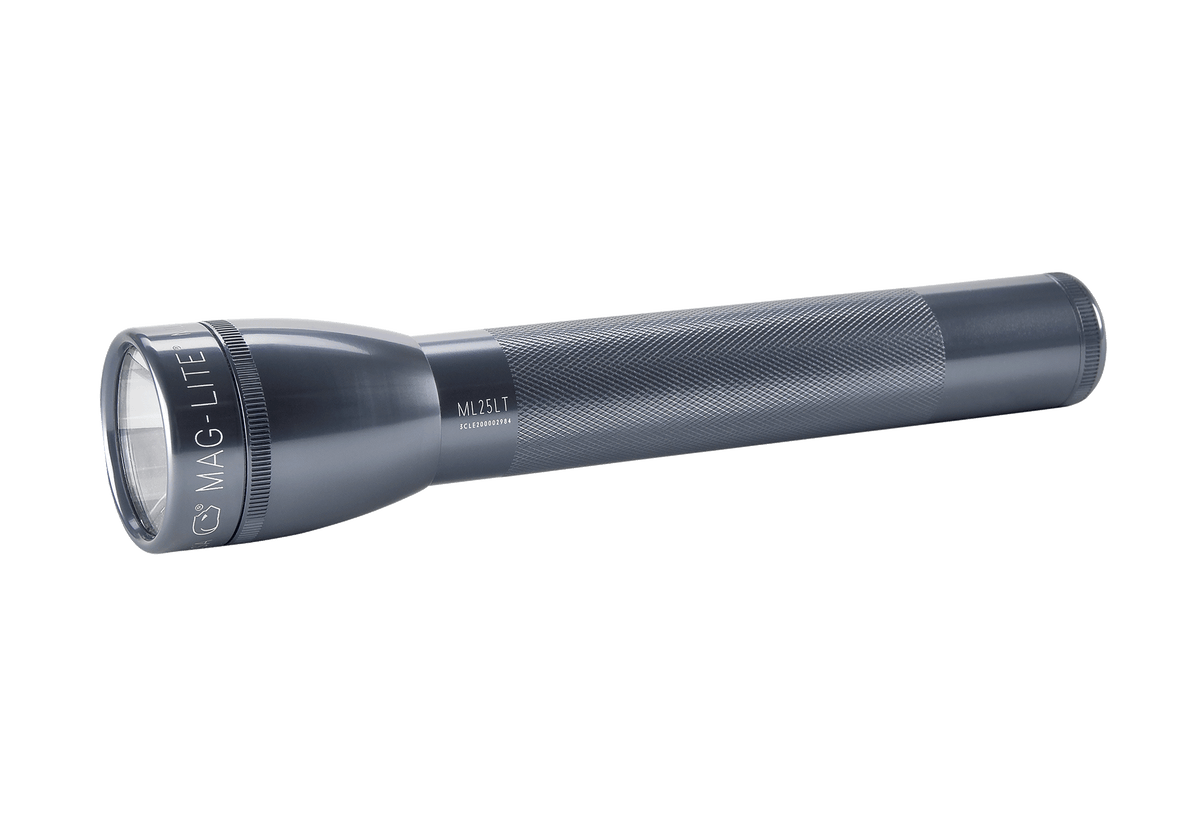 Maglite ML25LT LED 3-Cell C flashlight angled to reveal knurled grip and head