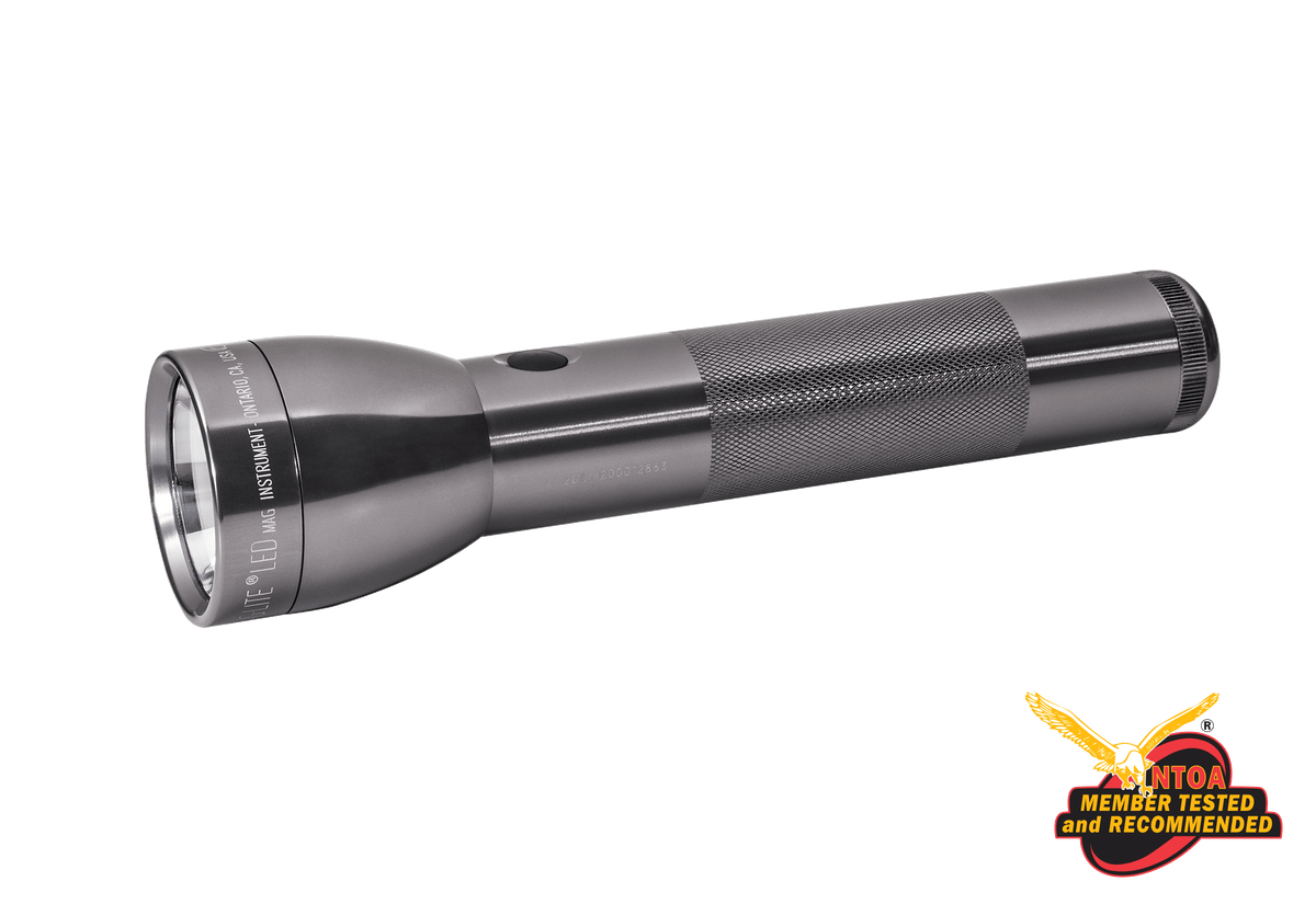 Gray Maglite ML300L LED 2-Cell D flashlight with its white packaging box
