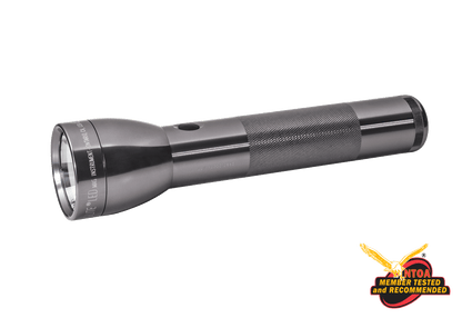 Gray Maglite ML300L LED 2-Cell D flashlight with its white packaging box