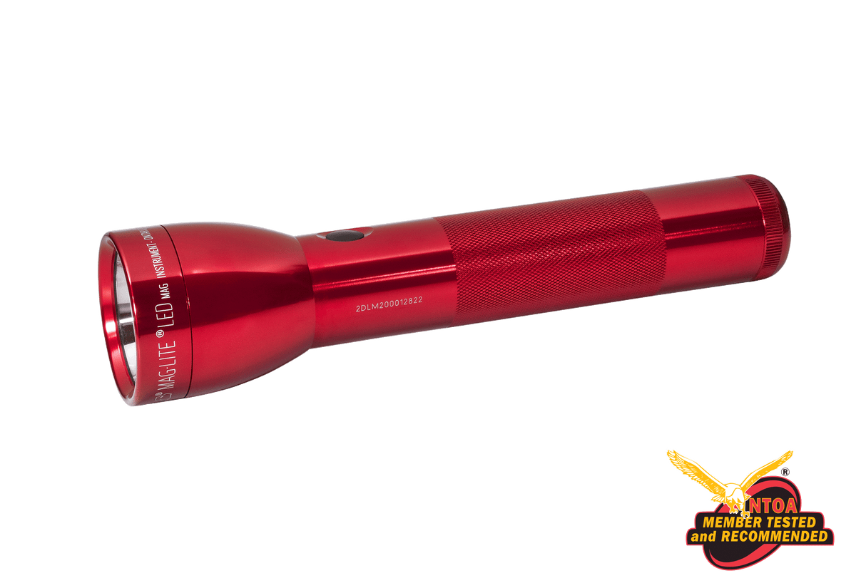Red Maglite ML300L LED 2-Cell D flashlight with a knurled grip on a black background