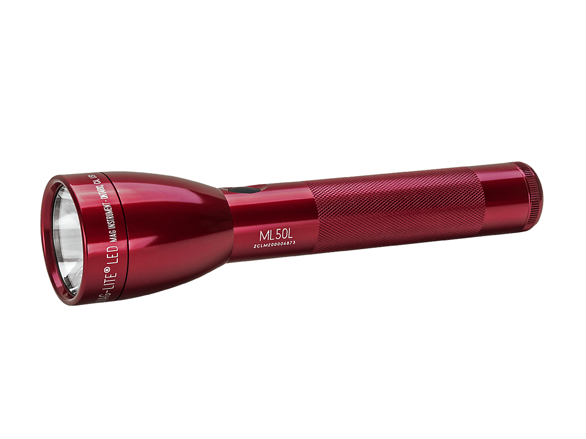 Red ML50L LED flashlight with 2‑cell C battery design and knurled grip.