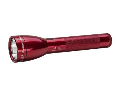 Red ML50L LED flashlight with 2‑cell C battery design and knurled grip.