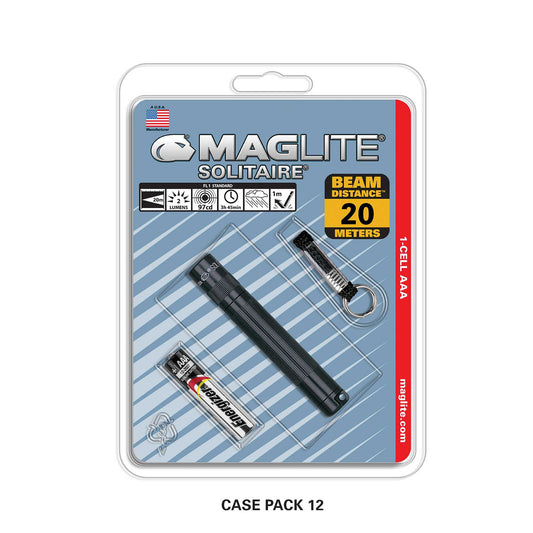 Maglite Solitaire incandescent 1 AAA in blister packaging with case pack 12 label.