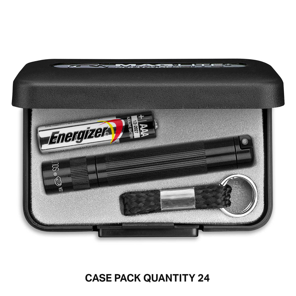 Open black case showing a Maglite Solitaire flashlight with an Energizer AAA battery inside, case pack quantity 24