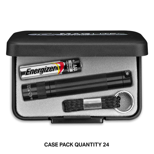 Open black case showing a Maglite Solitaire flashlight with an Energizer AAA battery inside, case pack quantity 24