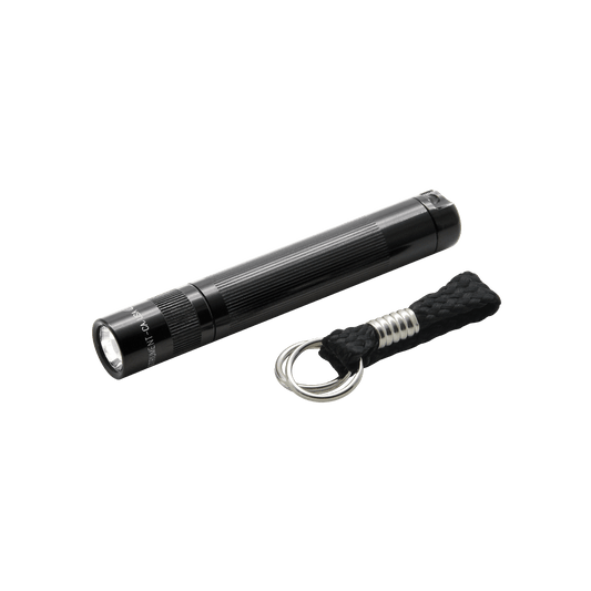 Solitaire LED keychain flashlight in blister pack with a black braided lanyard and metal ring