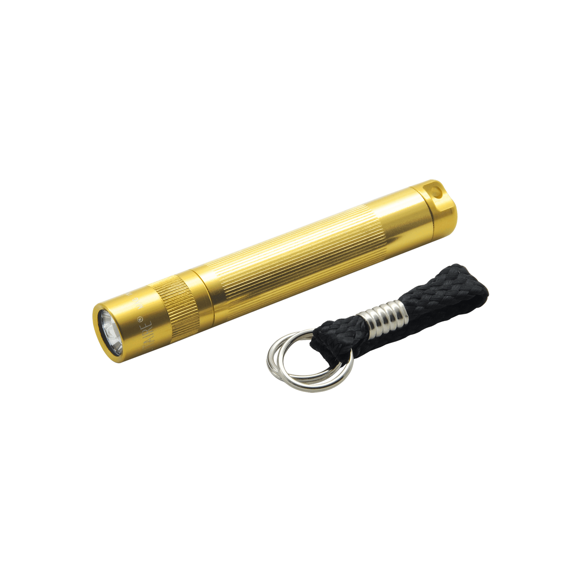 Gold anodized aluminum Solitaire LED keychain flashlight with braided cord and silver keyring.