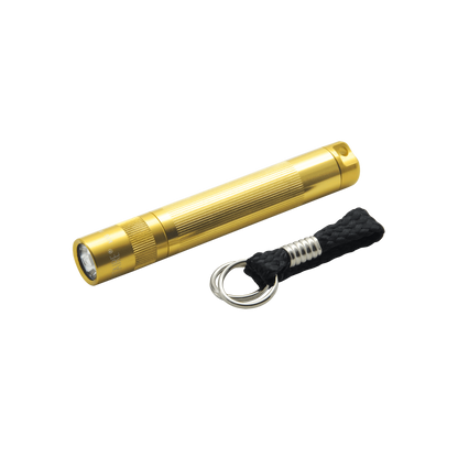 Gold anodized aluminum Solitaire LED keychain flashlight with braided cord and silver keyring.