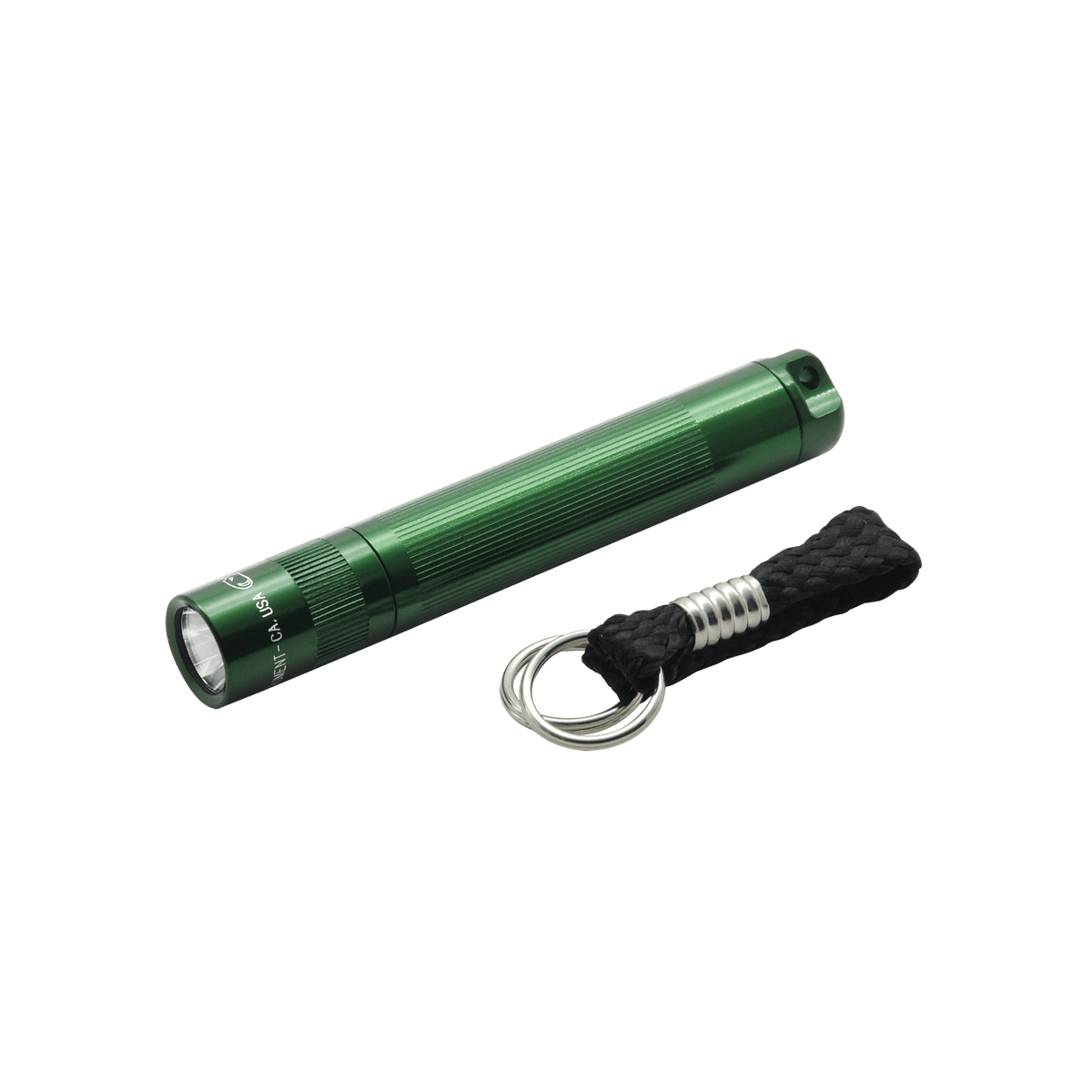 Green anodized aluminum Solitaire LED keychain flashlight with braided cord and metal keyring.