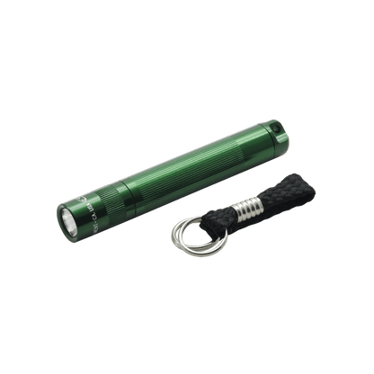 Green anodized aluminum Solitaire LED keychain flashlight with braided cord and metal keyring.