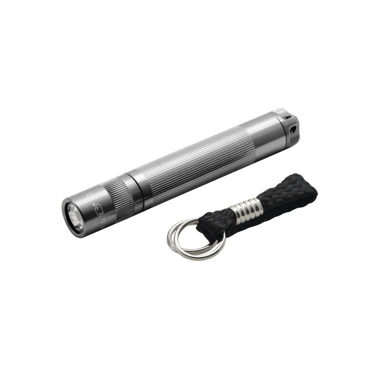 Silver Solitaire LED key chain flashlight with knurled body beside a braided cord and key ring.